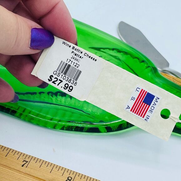 NEW Recycled Wine Bottle Cheese Serving Platter Green Glass Made in USA w/ knife - Picture 5 of 7